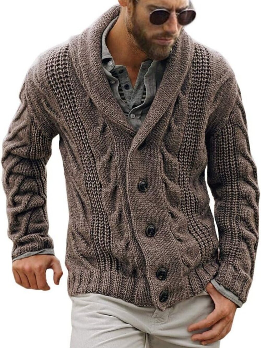 Cozy Men's Cable Knit Cardigan Sweater with Shawl Collar - Stylish & Warm